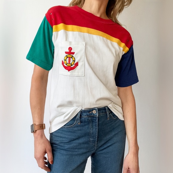 russ petites Tops - Vintage 1980’s RUSS Petites Red Anchor Pocket Graphic Thick T-Shirt Top Size M